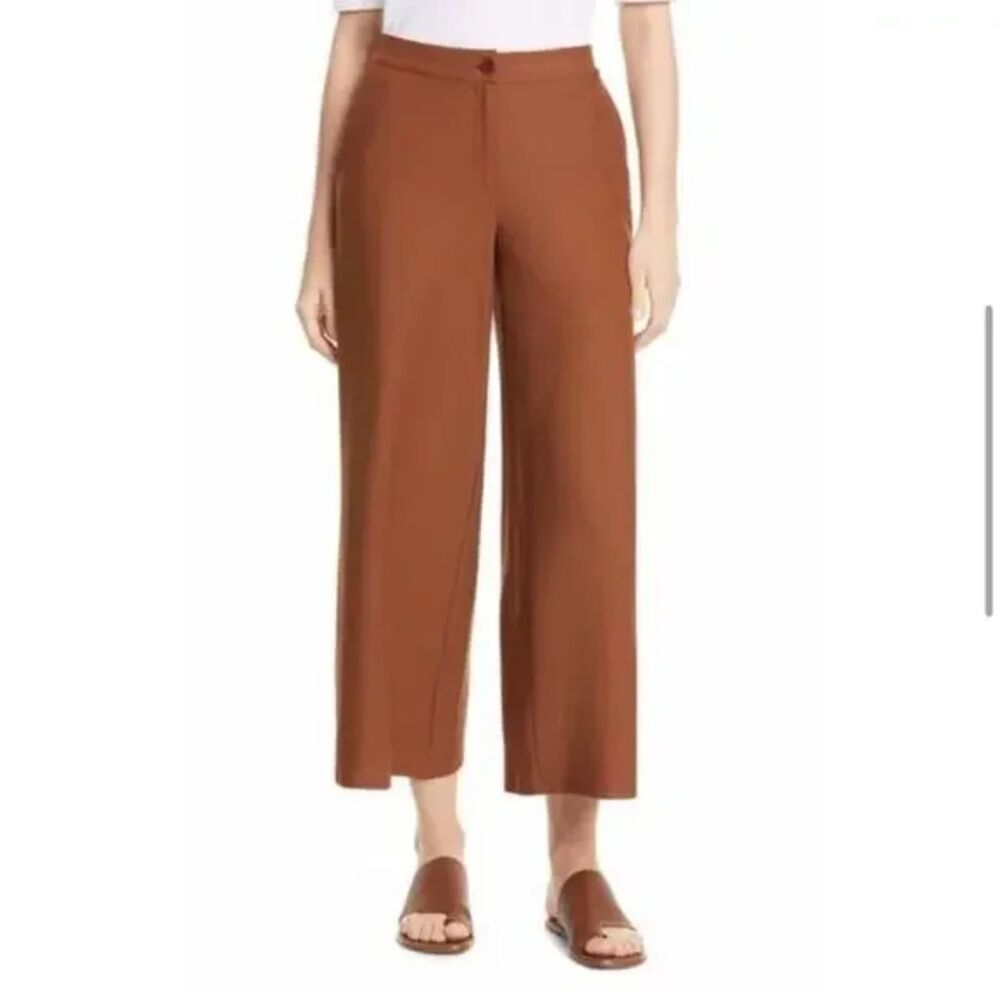 Eileen Fisher System Lightweight Washable Stretch Crepe Wide-Leg Pant Brown 14